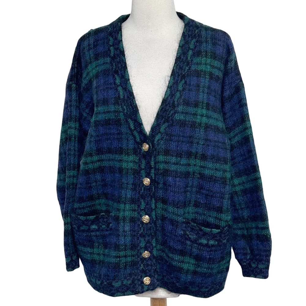 Hastings & Smith‎ Cardigan M Blue Green Plaid Wool Blend Gold Button Vintage
